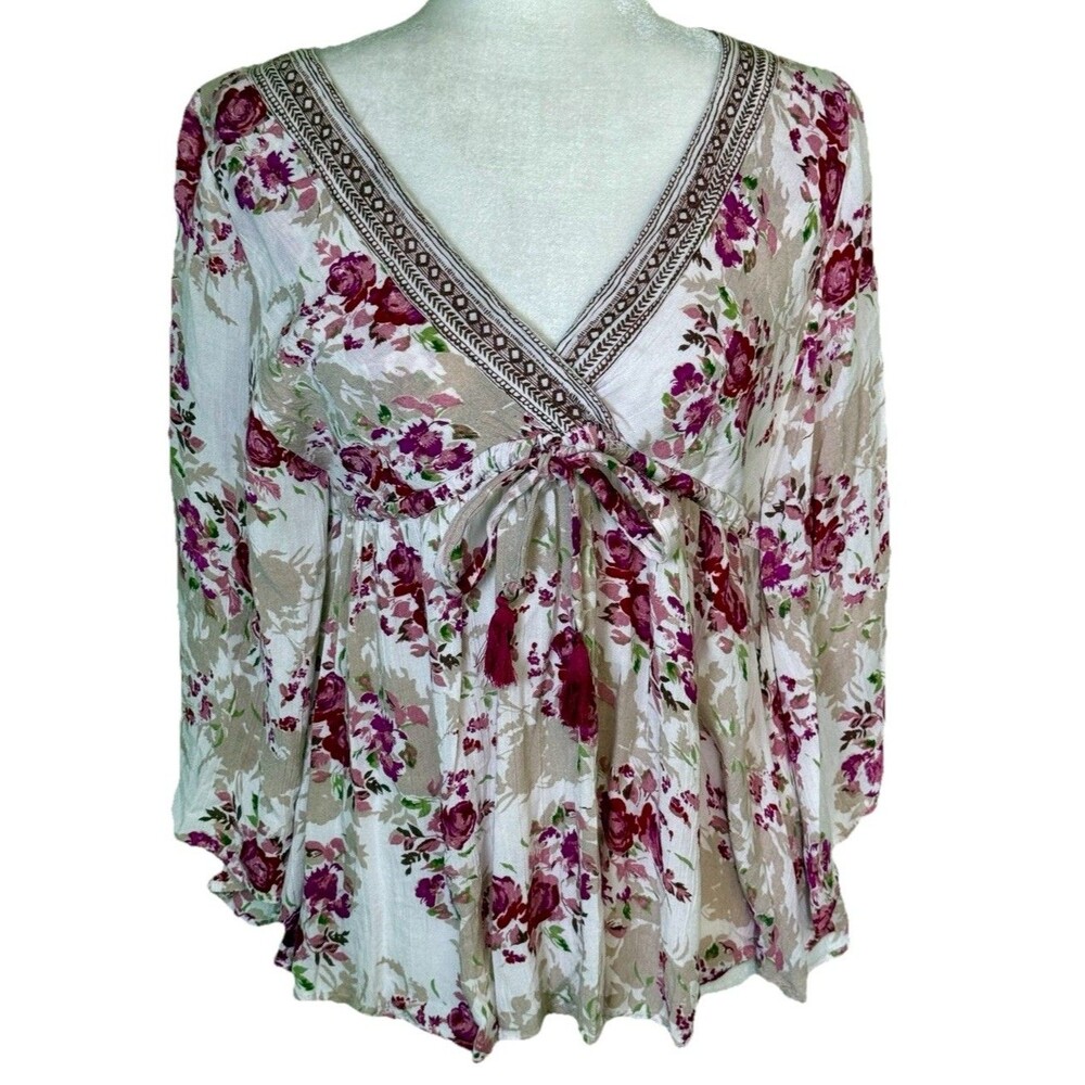 Angie Women’s Y2K Hippie Top Boho Angel Cottage Ruffle Romantic‎ Floral Sz Small